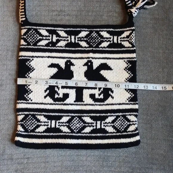 Woven Guatemalan Phoenix Crossbody Shoulder Bag, Black & White Boho - Picture 3 of 12